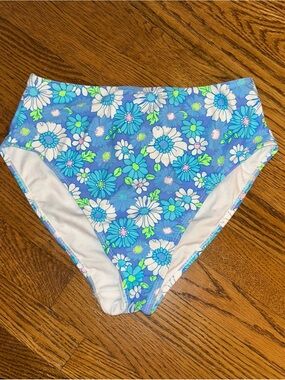 Blue Daisy Retro Flower Power inspired High Waisted Swim Bikini Bottoms